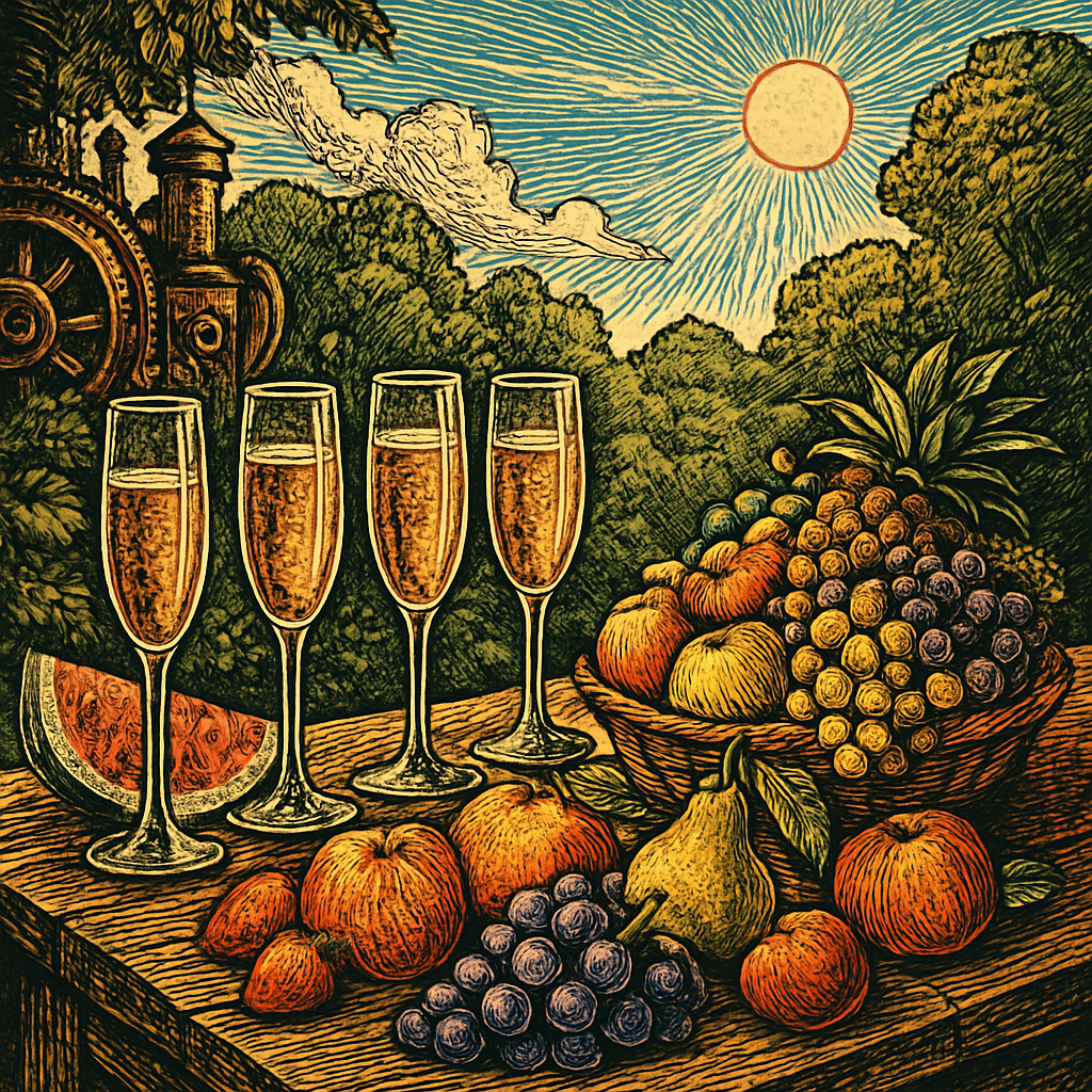 A cozy outdoor table adorned with a colorful spread of fresh fruits and sparkling champagne flutes, set against a backdrop of lush greenery under a sunny sky.