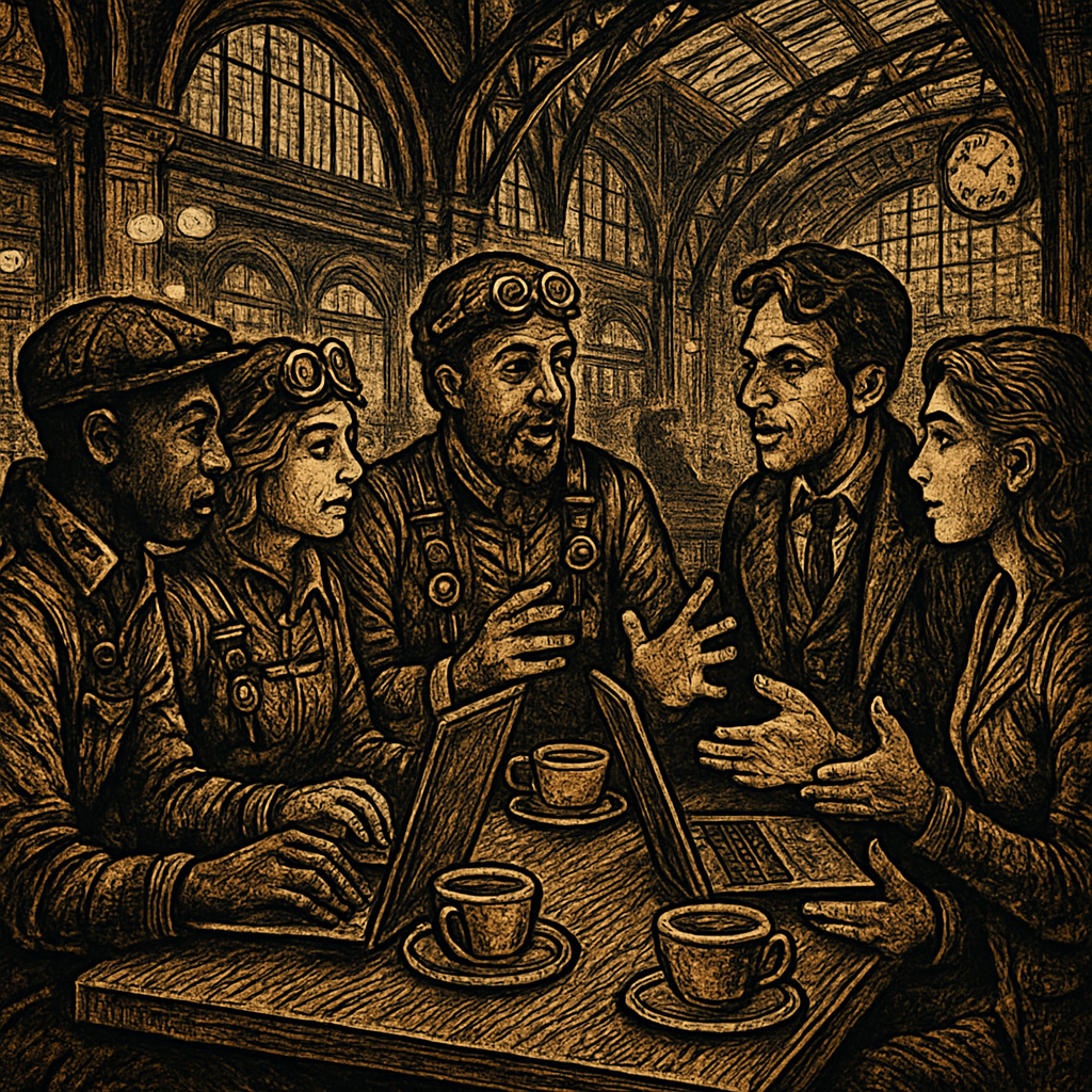 A lively café scene at Victoria Station, featuring a group of four diverse Drillers animatedly discussing with an Italian journalist, with vibrant coffee cups and their laptops open on the table.