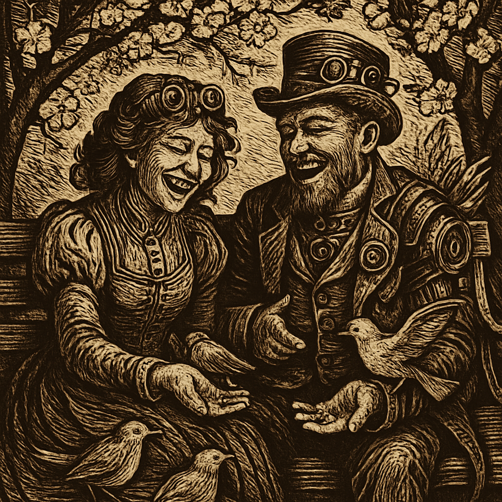 Mary and Dan share a joyful moment, sitting on a park bench under blooming cherry blossom trees, laughing as they feed birds from their hands.