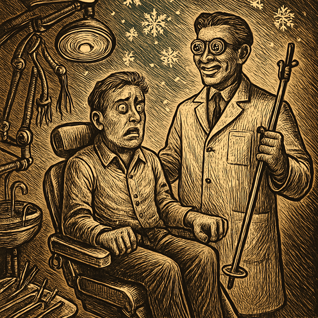 A nervous patient sitting in a bright dental chair, surrounded by dental instruments, while the dentist in a white coat smiles and holds a ski pole, with snowflakes dancing in the air above.
