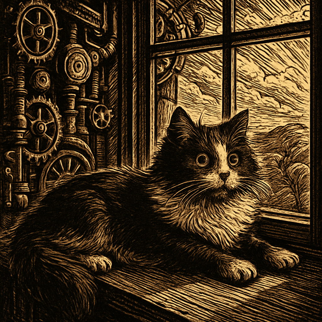 A fluffy black and white cat with big curious eyes, sprawled comfortably on a sunny windowsill, purring contentedly as it gazes outside.