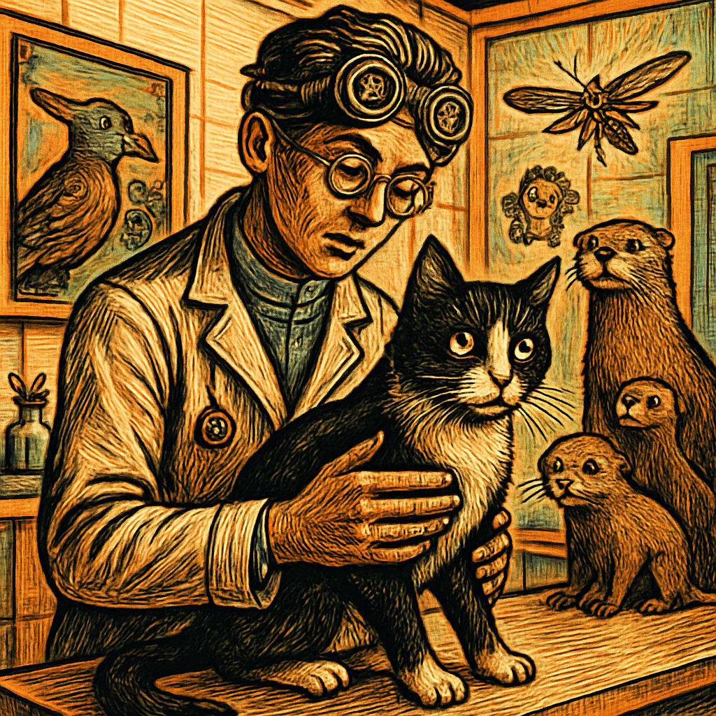 A wary black and white cat being gently held by a vet in a bright clinic, surrounded by colorful posters and other curious animals.
