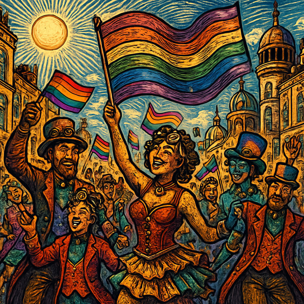 A vibrant street filled with people in colorful costumes adorned with glitter and rainbow flags, dancing joyfully under a sunny sky during the Brighton Pride parade.