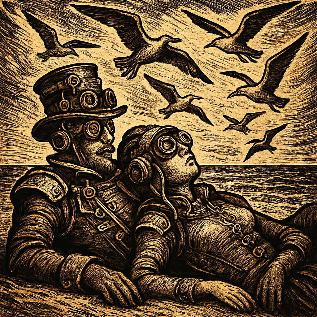 Two figures reclining on a sandy beach, surrounded by playful seagulls soaring overhead.