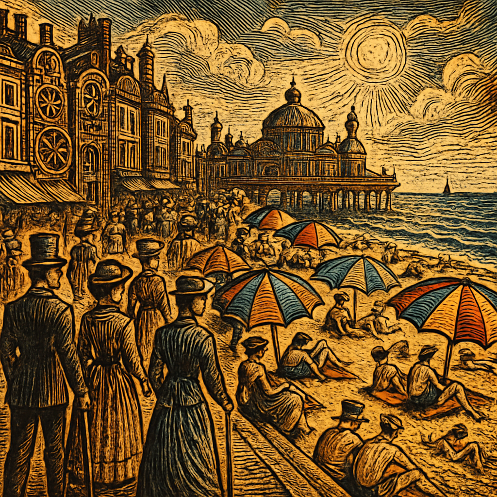 A lively scene of people strolling along the bustling Brighton sea lanes with colorful beach umbrellas and sunbathers on a golden, sun-soaked beach.