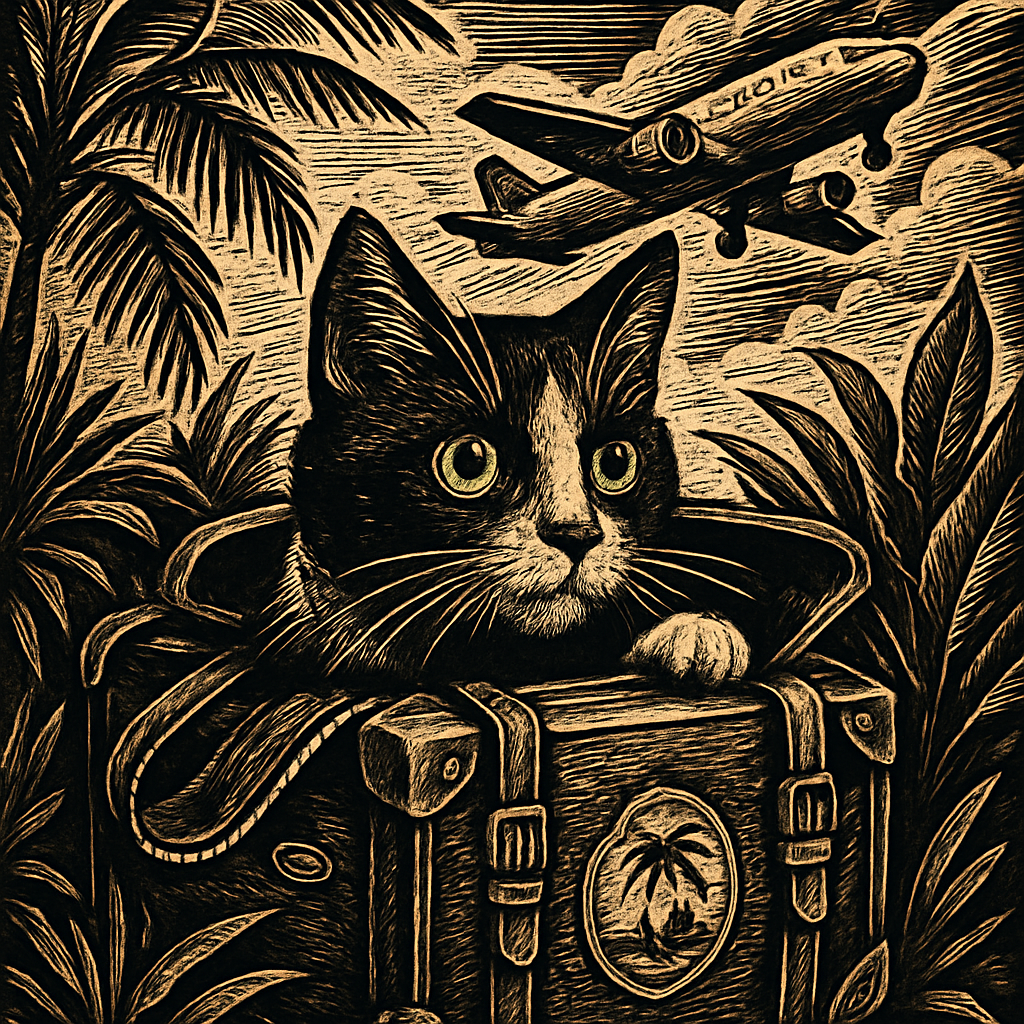 A black and white cat, Dice, peering out of a travel bag with a whimsical travel sticker, while surrounded by tropical plants and a backdrop of an airplane taking off.