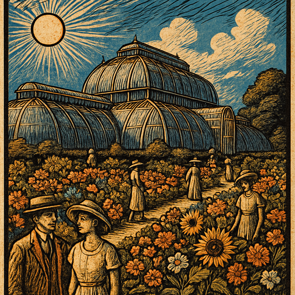 A bright, sunlit Kew Gardens populated with vibrant flowers and visitors wearing summer attire, all under a clear blue sky.
