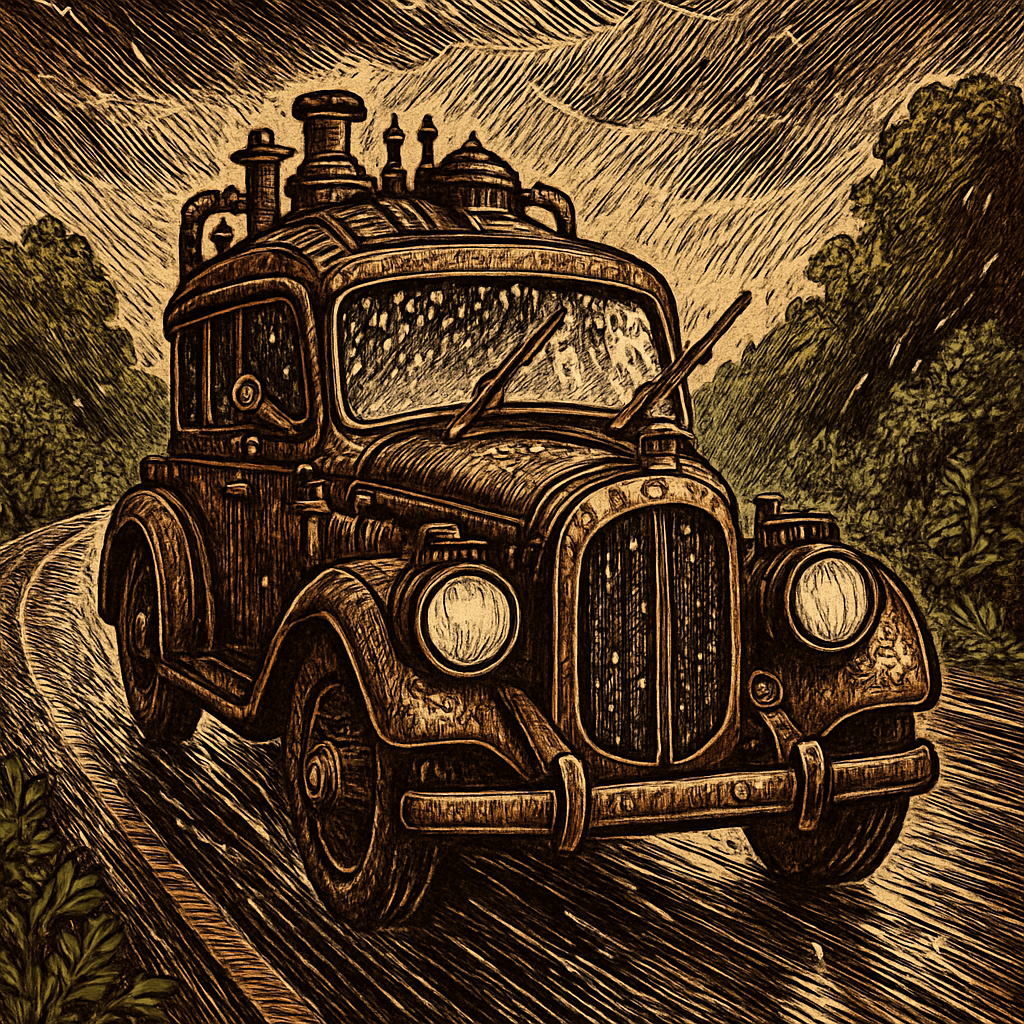 A car with windshield wipers on, driving down a wet road under a gray sky, surrounded by lush greenery and small droplets of rain collecting on the windshield.