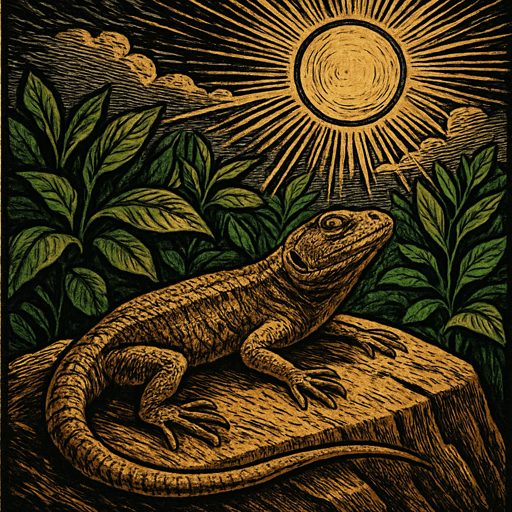 A sunbathing lizard sprawled across a warm rock, basking in golden sunlight with vibrant green foliage in the background.