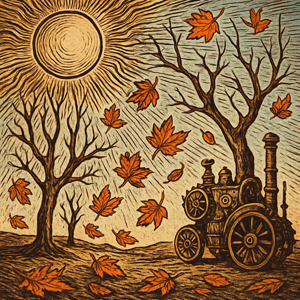 A sun-scorched landscape scattered with vibrant autumn leaves falling from weary trees, their branches stretching bare against a pale blue sky.