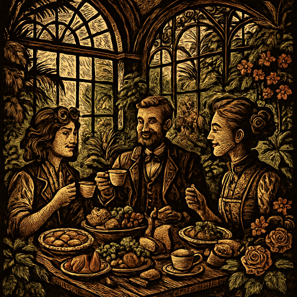 A cozy, sunlit Orangery filled with lush greenery and blooming flowers, where a table is set with a colorful picnic spread as three friends enjoy lunch together.
