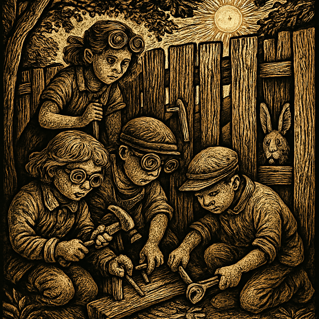 A group of children, huddled together with tools in hand, are repairing a rustic wooden fence in a sun-dappled backyard, surrounded by curious animals peeking through the gaps.