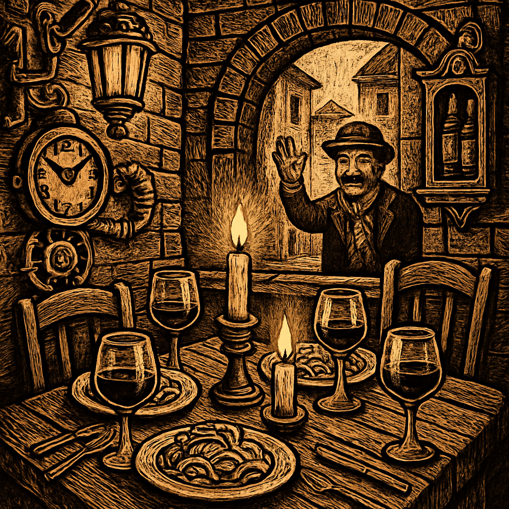 A cozy candlelit table set for three in a quaint Italian restaurant, with plates of pasta, glasses of Chianti, and a cheerful farewell atmosphere.